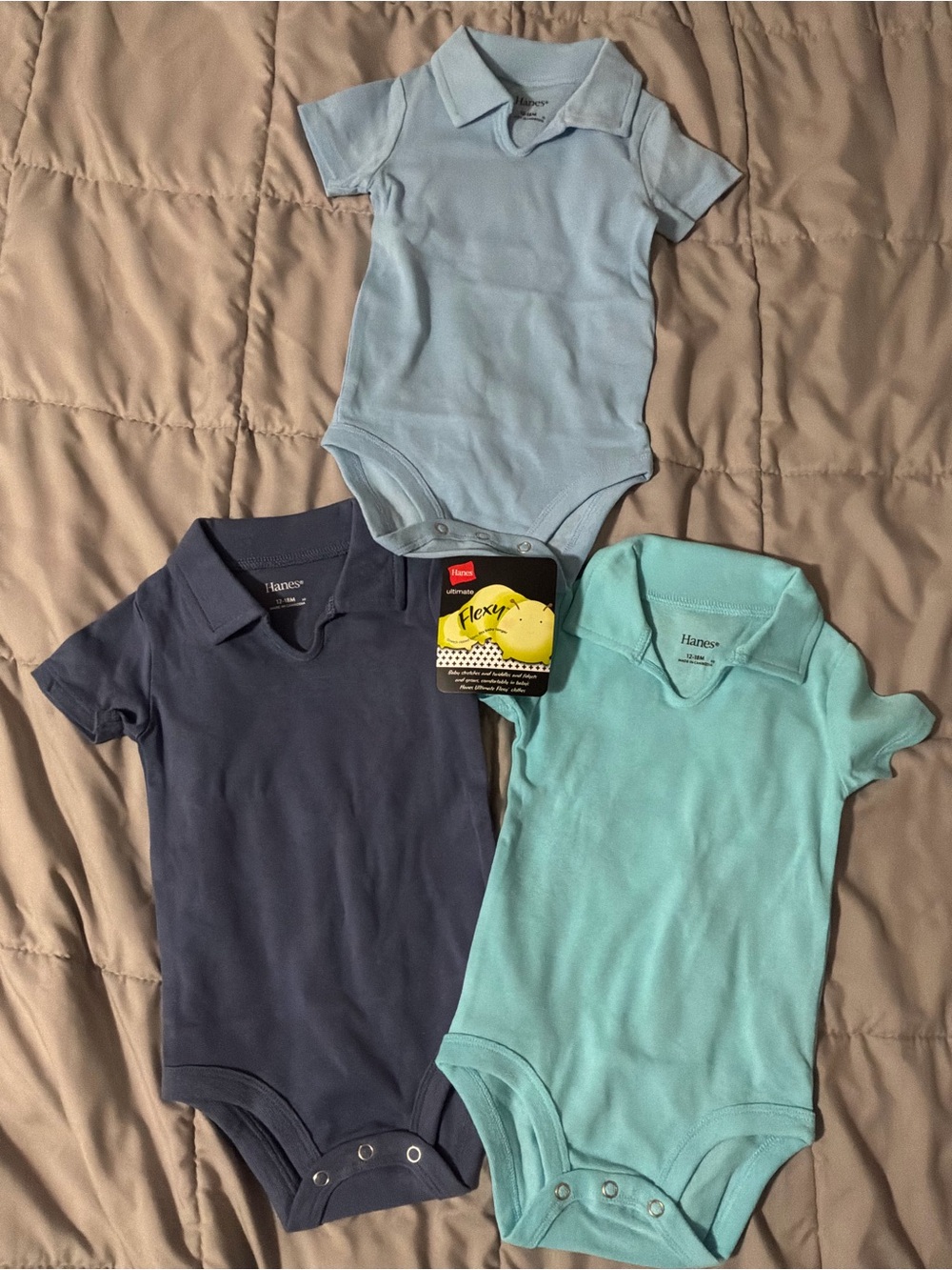 Hanes 3 Piece Baby Boy Polo One-Piece Onsie Bodysuits 12-18 Months